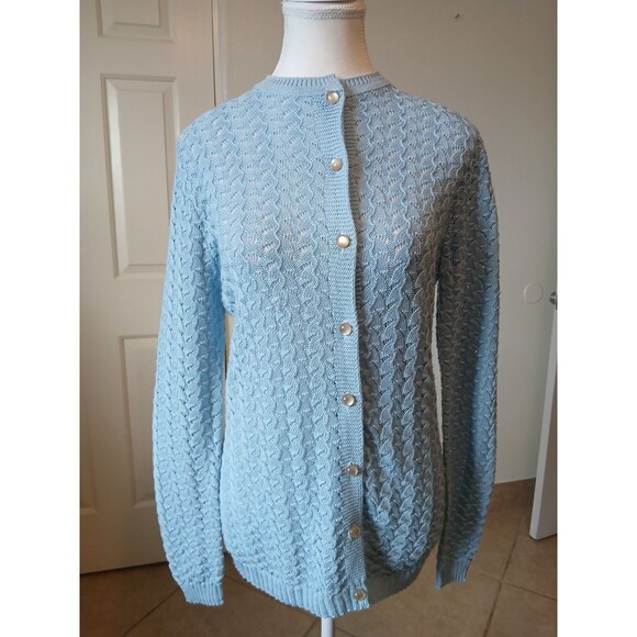 VTG BRITISH VOGUE CARDIGAN SWEATER WOMENS SMALL BLUE KNIT LACED BUTTON UP - Picture 8 of 16